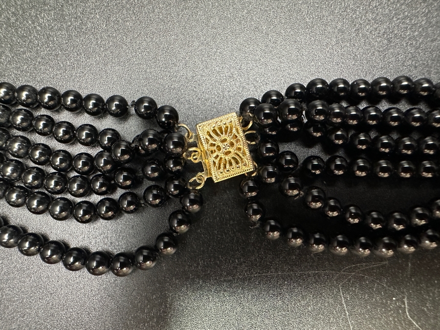 14k Gold Bead & Black Onyx Multi-Strand 19' Necklace With 14k Gold Clasp 61.2g [Photo 4]