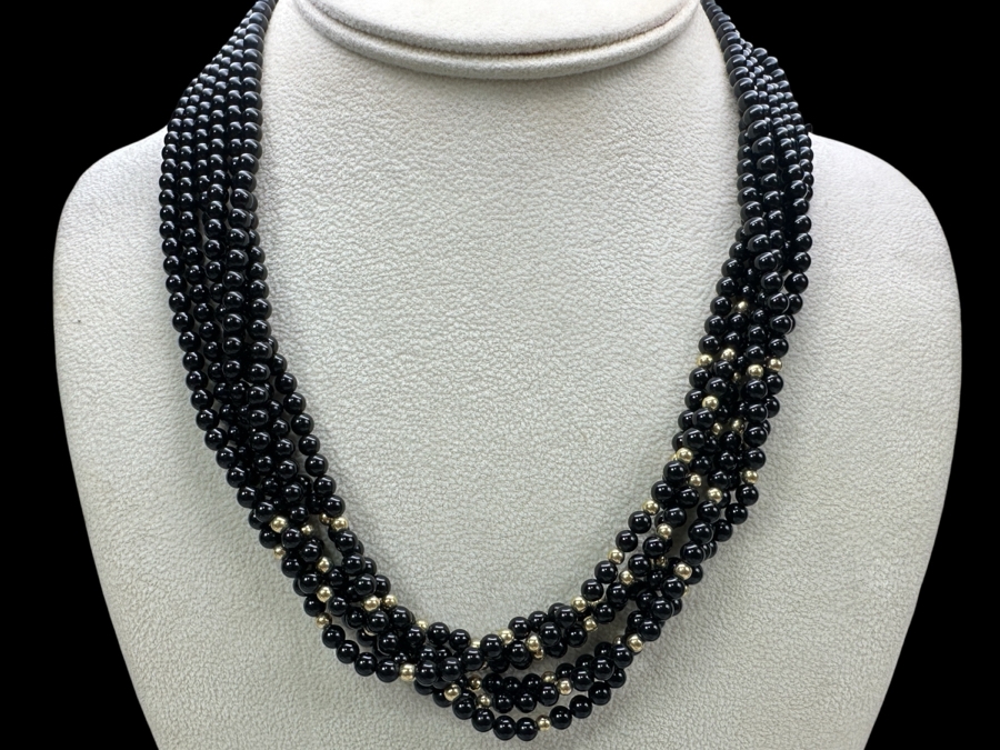 14k Gold Bead & Black Onyx Multi-Strand 19' Necklace With 14k Gold Clasp 61.2g
