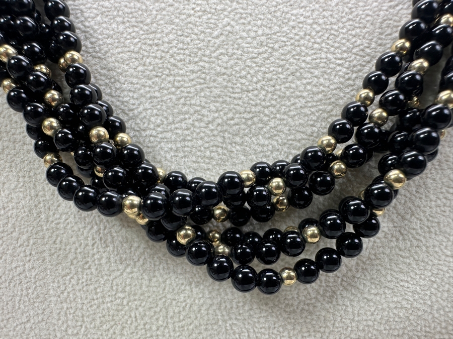 14k Gold Bead & Black Onyx Multi-Strand 19' Necklace With 14k Gold Clasp 61.2g [Photo 2]