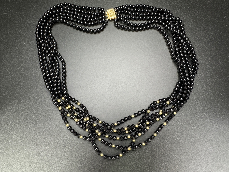 14k Gold Bead & Black Onyx Multi-Strand 19' Necklace With 14k Gold Clasp 61.2g [Photo 3]