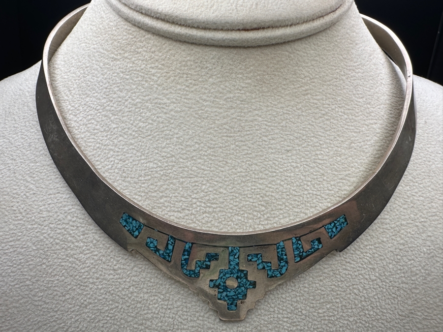 Inlaid Turquoise Sterling Silver Mexican Collar Necklace 55.4g [Photo 2]