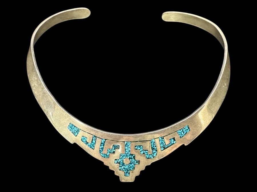 Inlaid Turquoise Sterling Silver Mexican Collar Necklace 55.4g