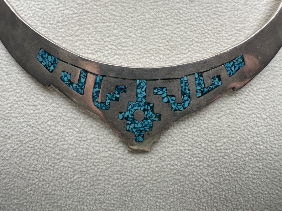 Inlaid Turquoise Sterling Silver Mexican Collar Necklace 55.4g [Photo 3]