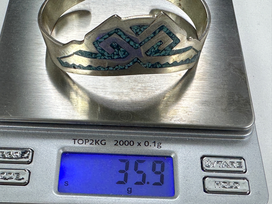 Inlaid Turquoise Sterling Silver Mexican Cuff Bracelet 35.9g [Photo 8]