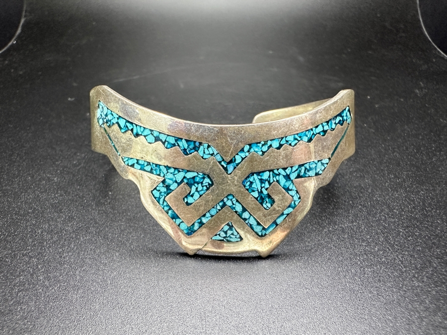 Inlaid Turquoise Sterling Silver Mexican Cuff Bracelet 35.9g [Photo 3]