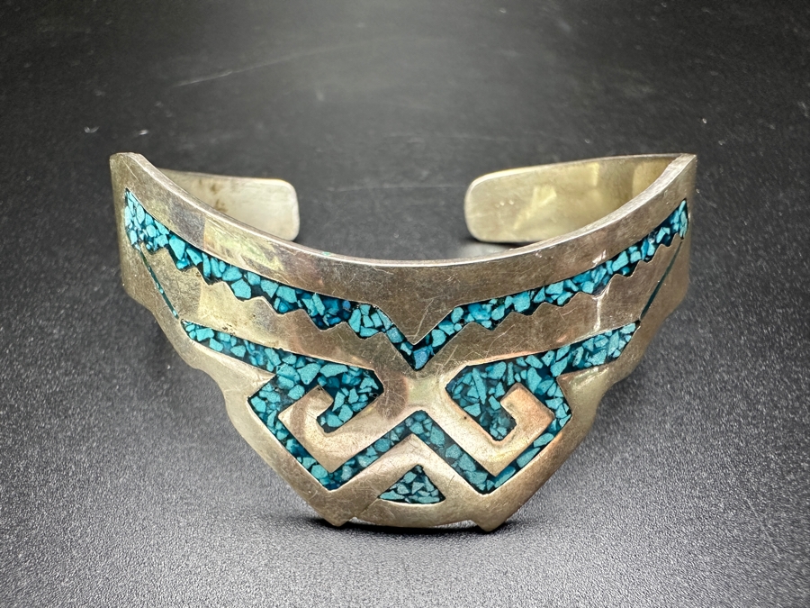 Inlaid Turquoise Sterling Silver Mexican Cuff Bracelet 35.9g [Photo 2]