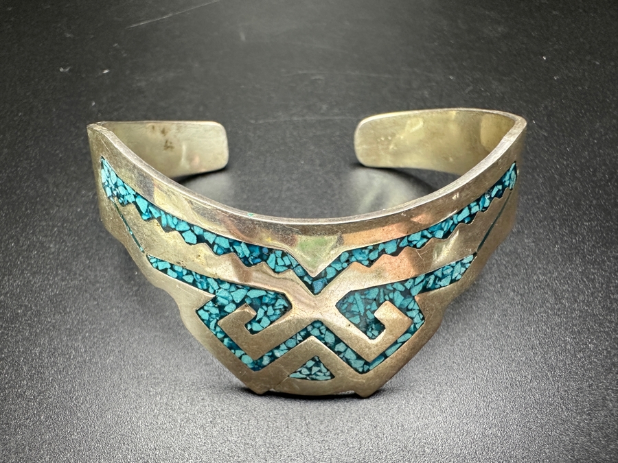 Inlaid Turquoise Sterling Silver Mexican Cuff Bracelet 35.9g [Photo 4]