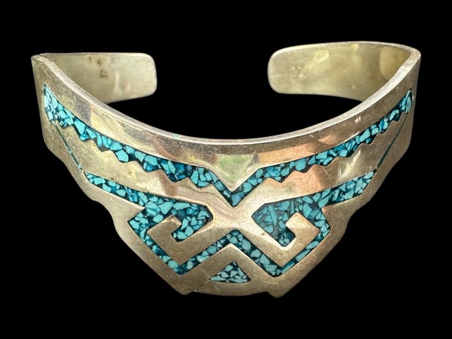 Inlaid Turquoise Sterling Silver Mexican Cuff Bracelet 35.9g
