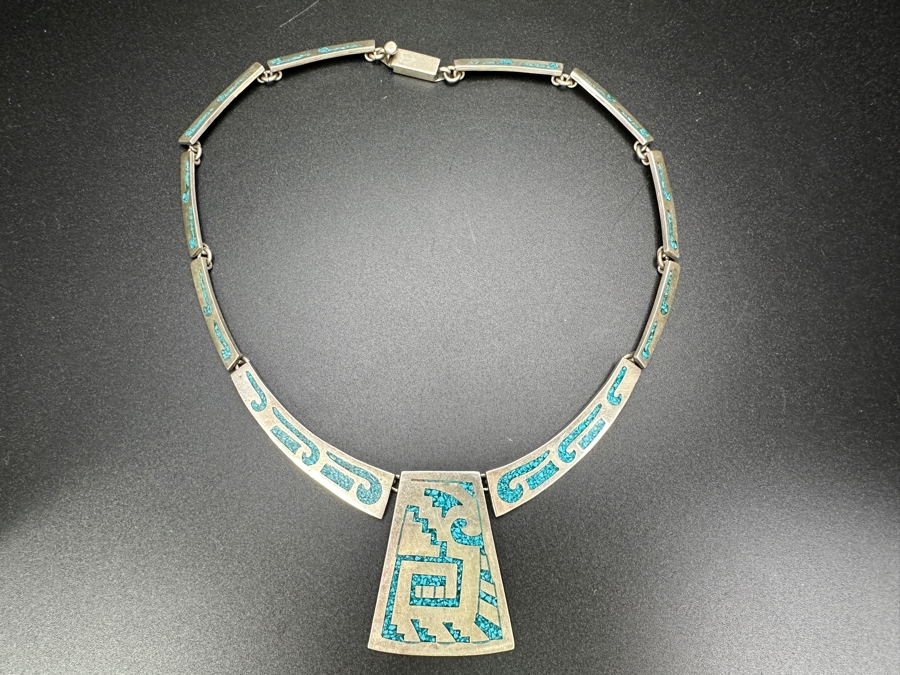 Inlaid Turquoise Sterling Silver Mexican 14' Statement Pendant Necklace 53.4g [Photo 5]