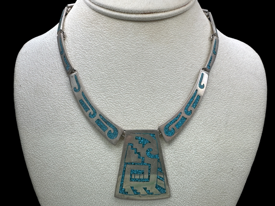 Inlaid Turquoise Sterling Silver Mexican 14' Statement Pendant Necklace 53.4g