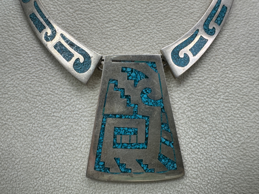 Inlaid Turquoise Sterling Silver Mexican 14' Statement Pendant Necklace 53.4g [Photo 2]
