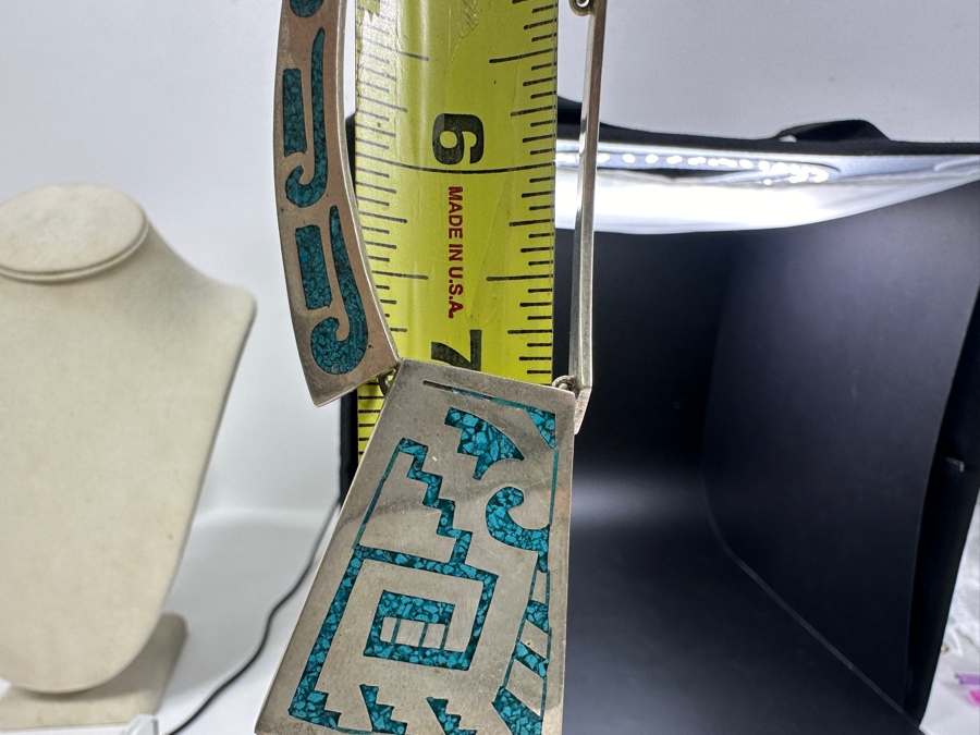Inlaid Turquoise Sterling Silver Mexican 14' Statement Pendant Necklace 53.4g [Photo 6]
