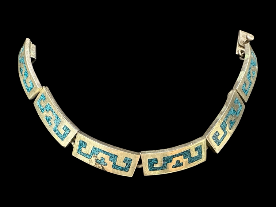 Inlaid Turquoise Sterling Silver Mexican 6' Bracelet 30.9g