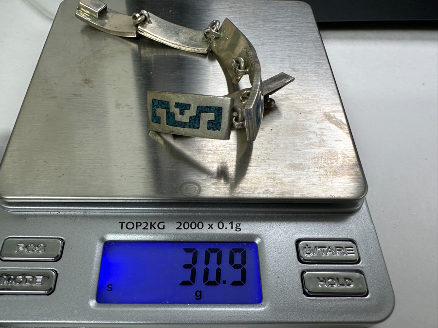Inlaid Turquoise Sterling Silver Mexican 6' Bracelet 30.9g [Photo 5]