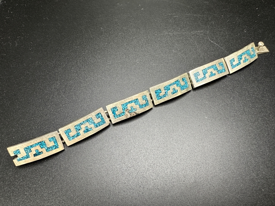 Inlaid Turquoise Sterling Silver Mexican 6' Bracelet 30.9g [Photo 2]