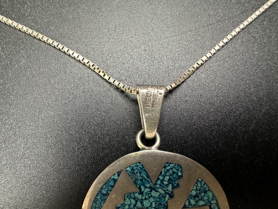 Inlaid Turquoise Sterling Silver Mexican Pendant With 18' Sterling Silver Chain Bracelet 13.5g [Photo 2]