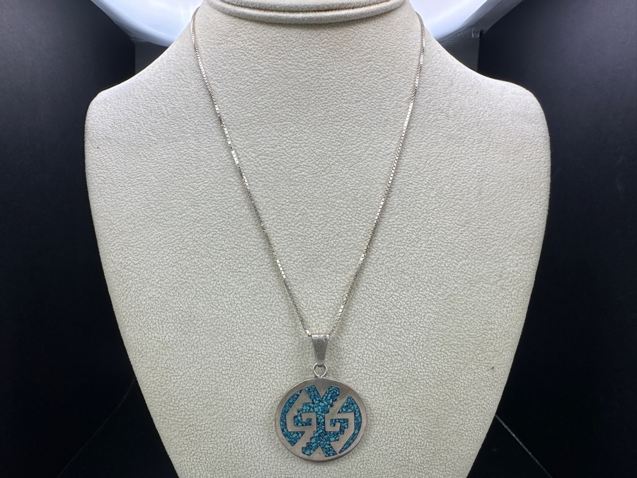 Inlaid Turquoise Sterling Silver Mexican Pendant With 18' Sterling Silver Chain Bracelet 13.5g [Photo 4]