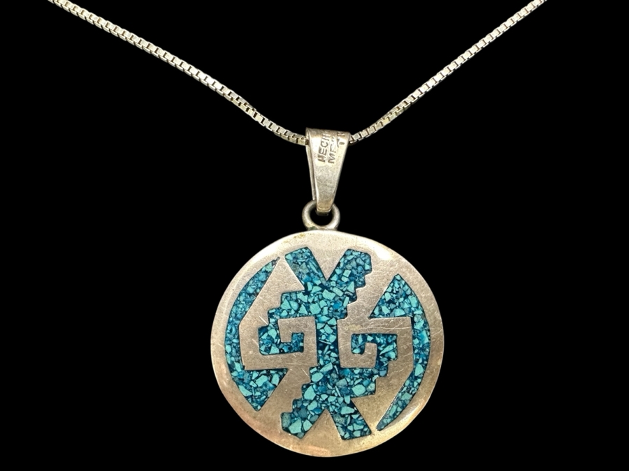 Inlaid Turquoise Sterling Silver Mexican Pendant With 18' Sterling Silver Chain Bracelet 13.5g