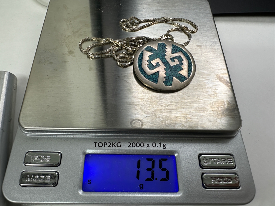 Inlaid Turquoise Sterling Silver Mexican Pendant With 18' Sterling Silver Chain Bracelet 13.5g [Photo 5]