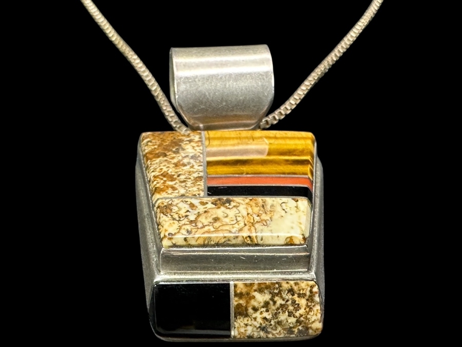 Vintage Wayne Muskett Navajo Sterling Silver Inlaid Mutli-Stone Pendant With 18' Sterling Silver Chain Necklace 25.2g [Photo 2]