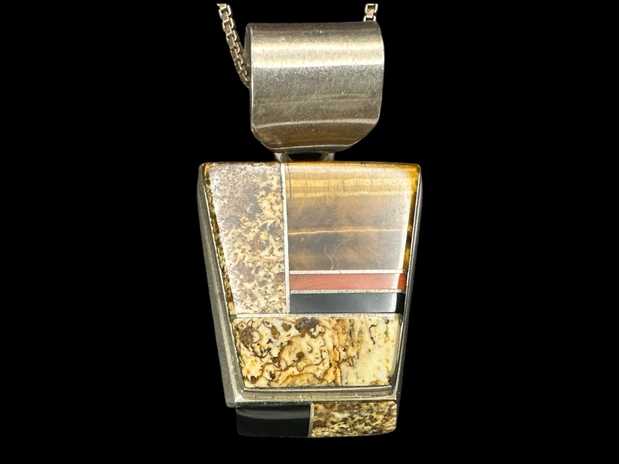 Vintage Wayne Muskett Navajo Sterling Silver Inlaid Mutli-Stone Pendant With 18' Sterling Silver Chain Necklace 25.2g