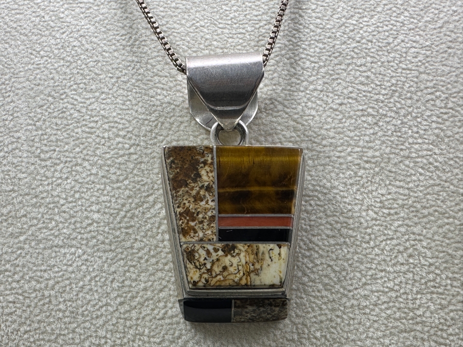 Vintage Wayne Muskett Navajo Sterling Silver Inlaid Mutli-Stone Pendant With 18' Sterling Silver Chain Necklace 25.2g [Photo 3]