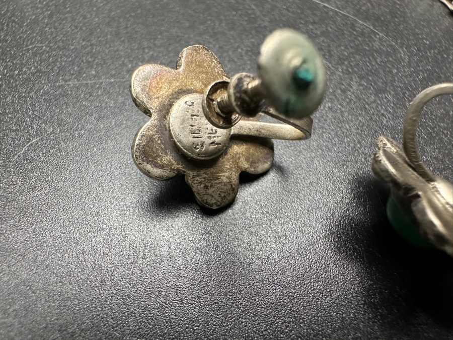 Vintage Sterling Silver Green Turquoise 14' Necklace With Matching Screw-back Earrings 36.5g [Photo 4]