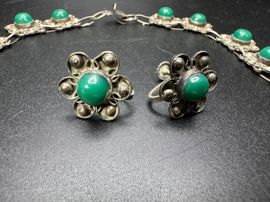 Vintage Sterling Silver Green Turquoise 14' Necklace With Matching Screw-back Earrings 36.5g [Photo 3]