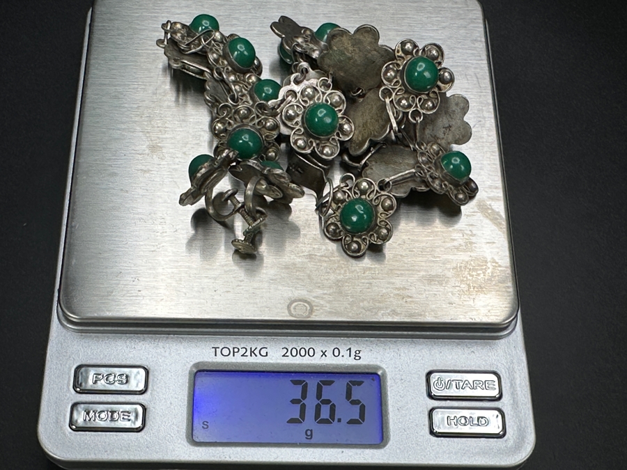 Vintage Sterling Silver Green Turquoise 14' Necklace With Matching Screw-back Earrings 36.5g [Photo 7]