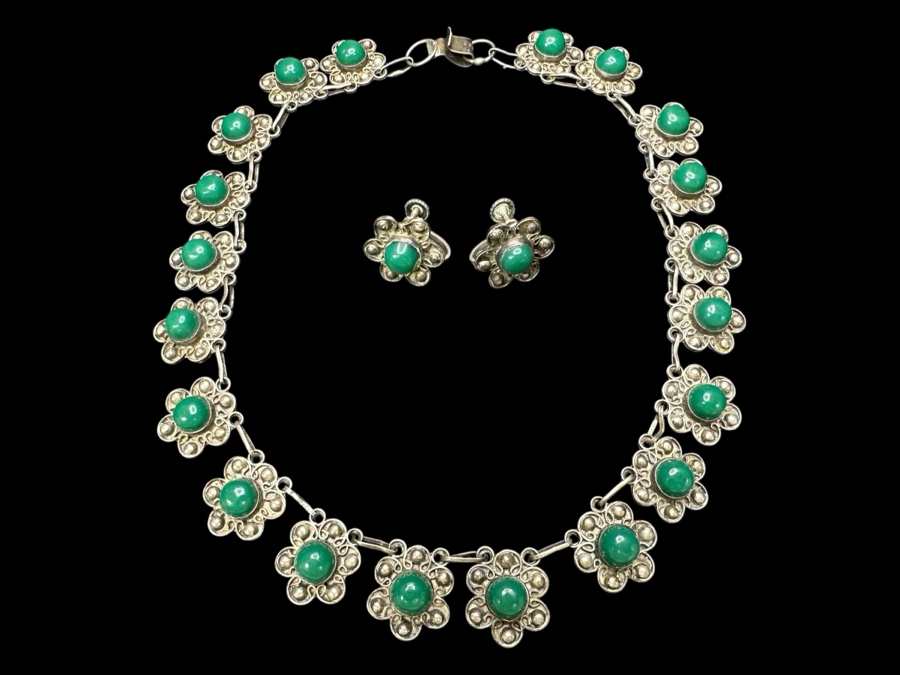 Vintage Sterling Silver Green Turquoise 14' Necklace With Matching Screw-back Earrings 36.5g