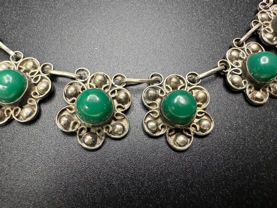 Vintage Sterling Silver Green Turquoise 14' Necklace With Matching Screw-back Earrings 36.5g [Photo 2]