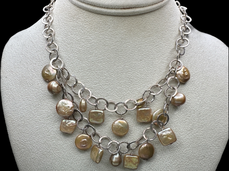 Signed Sterling Silver Pearl 14' Necklace 37.5g