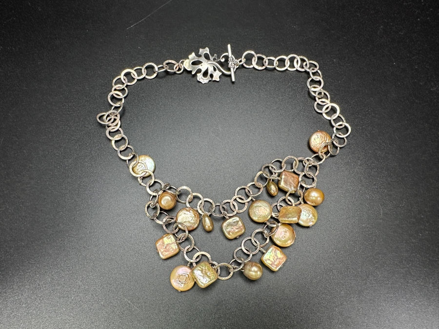 Signed Sterling Silver Pearl 14' Necklace 37.5g [Photo 3]