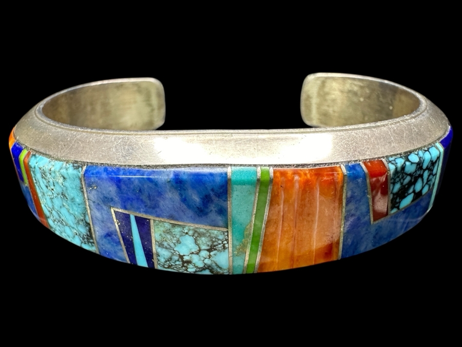 Vintage Wayne Muskett Navajo Sterling Silver Inlaid Mutli-Stone Cuff Bracelet 2.75'W 55.5g