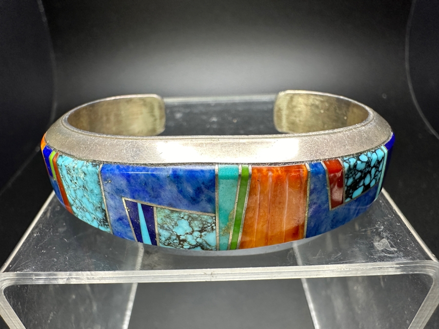 Vintage Wayne Muskett Navajo Sterling Silver Inlaid Mutli-Stone Cuff Bracelet 2.75'W 55.5g [Photo 4]