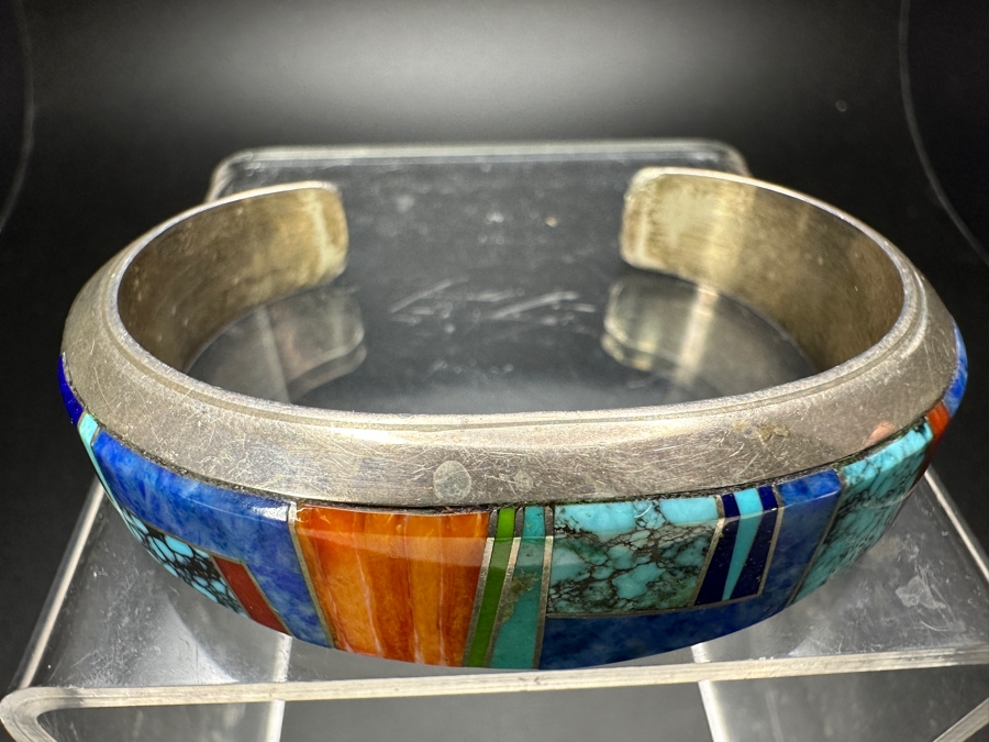 Vintage Wayne Muskett Navajo Sterling Silver Inlaid Mutli-Stone Cuff Bracelet 2.75'W 55.5g [Photo 3]