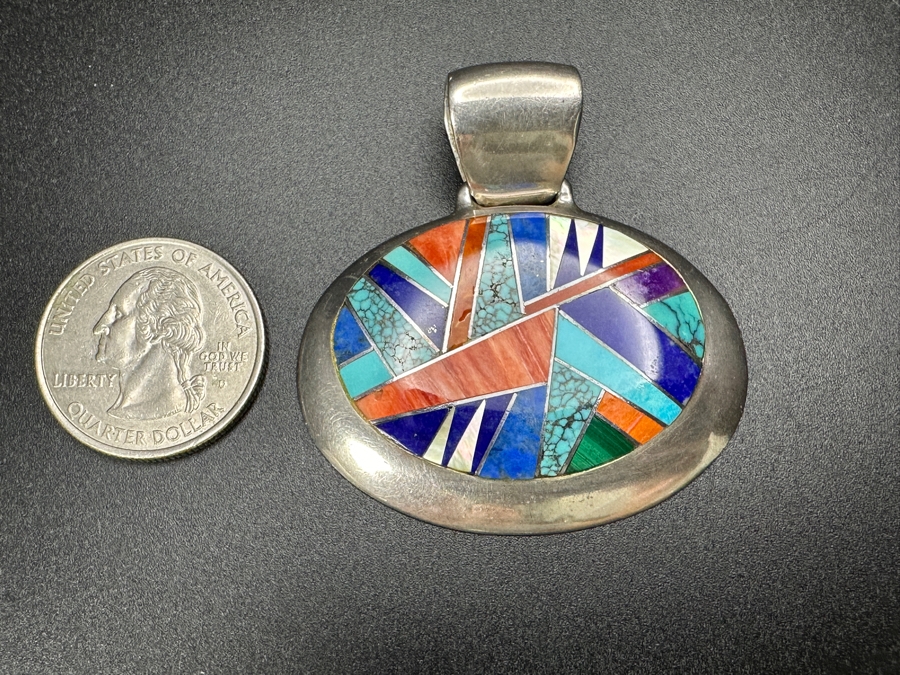 Signed Sterling Silver Inlaid Stone Pendant 31.5g [Photo 4]