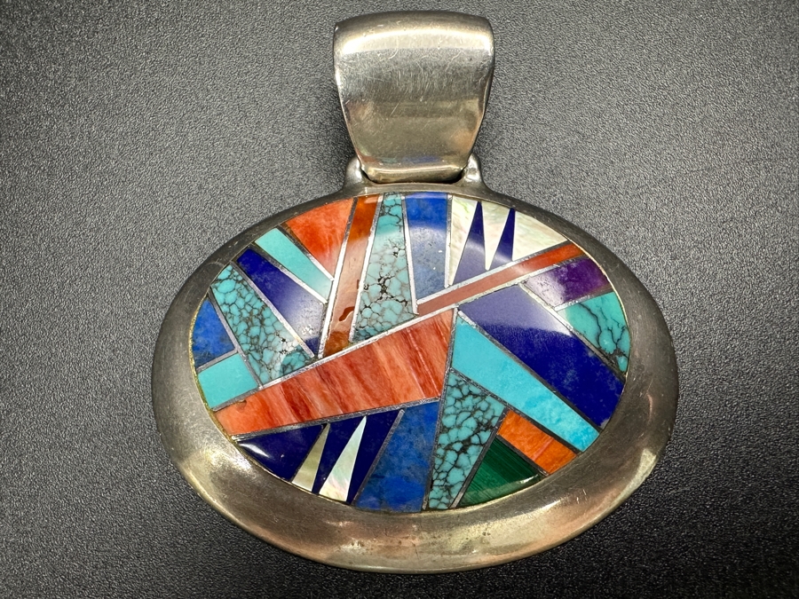 Signed Sterling Silver Inlaid Stone Pendant 31.5g [Photo 2]