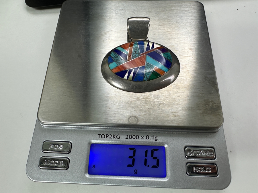 Signed Sterling Silver Inlaid Stone Pendant 31.5g [Photo 7]