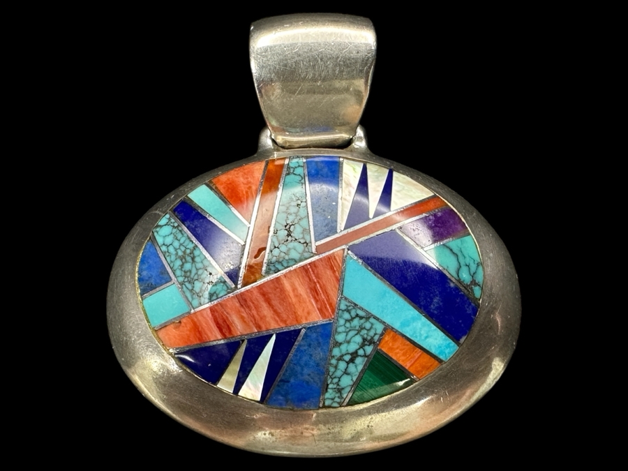 Signed Sterling Silver Inlaid Stone Pendant 31.5g