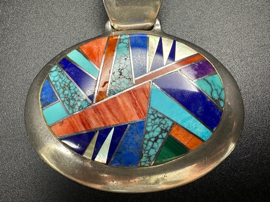 Signed Sterling Silver Inlaid Stone Pendant 31.5g [Photo 3]