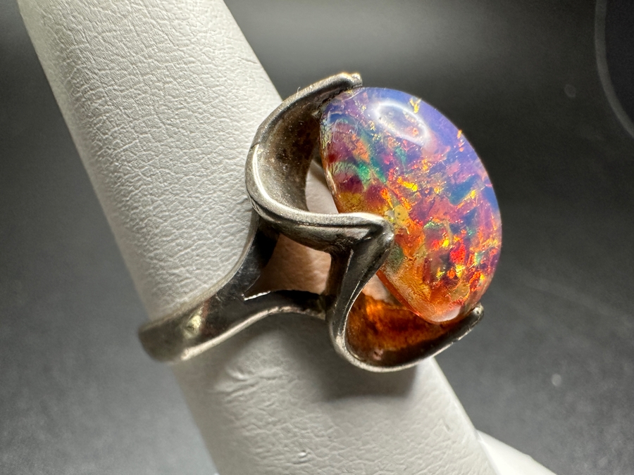 Vintage Sterling Silver Opal Cabochon Ring Size 5.5 4.7g [Photo 3]