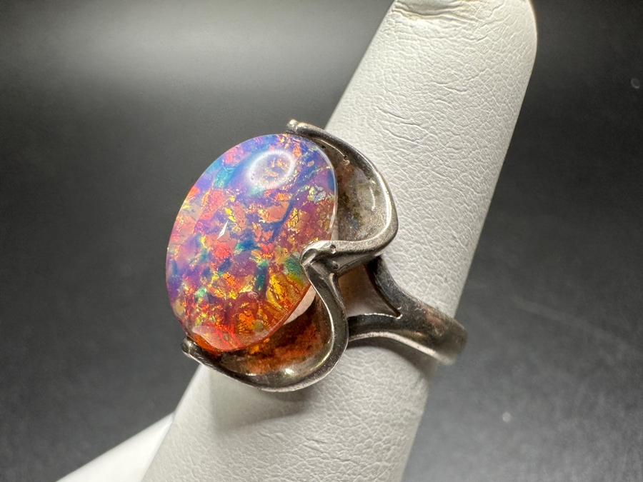 Vintage Sterling Silver Opal Cabochon Ring Size 5.5 4.7g [Photo 4]