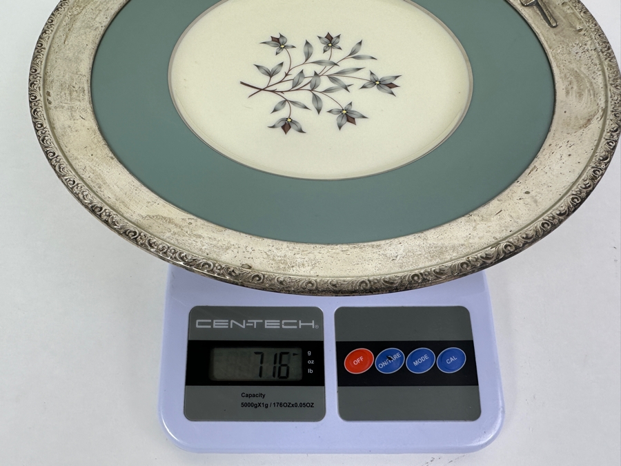 Fisher Sterling Silver Rimmed California Indians Trophy Plate Engraved 'Ladies Trapshooting' With 10.5' Kingsley By Lenox Plate - Plate Weighs Approximately 510g (Total Weight 716g) - Apx Sterling Silver Weight Is 206g - Apx Silver Melt Value = $202 [Photo 7]