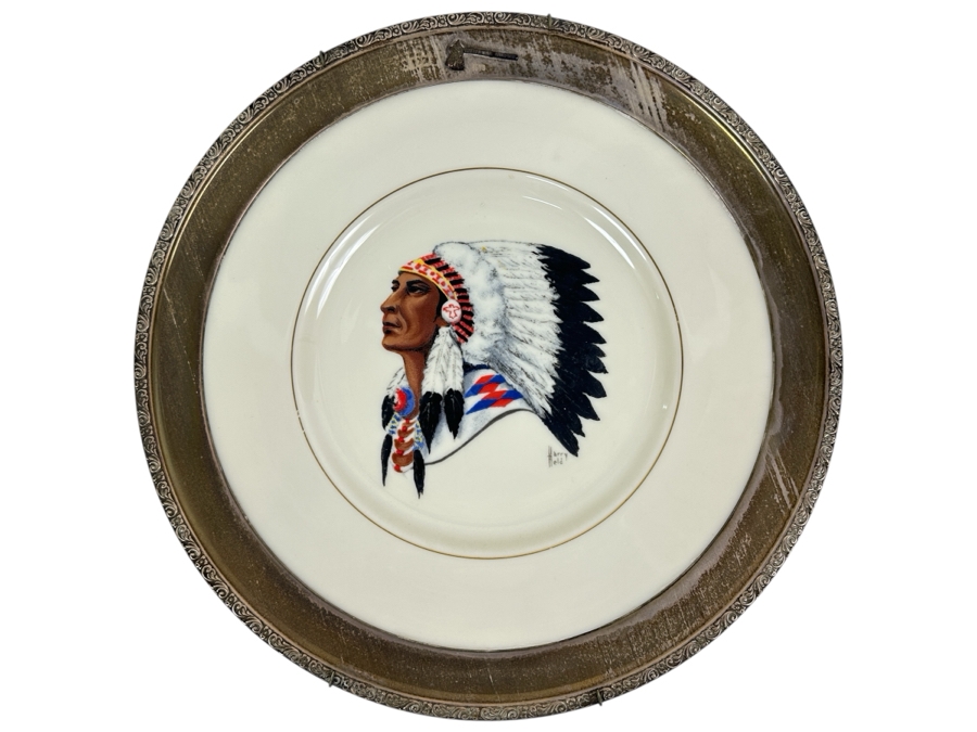 Fisher Sterling Silver Rimmed California Indians Trophy Plate Engraved 'Skeet 1973' W/ 10.5' Native American Harry Held Lenox Plate - Plate Weighs Apx 510g (Total Weight 744g) - Apx Sterling Silver Weight Is 193g - Apx Silver Melt Value = $230 [Photo 1]