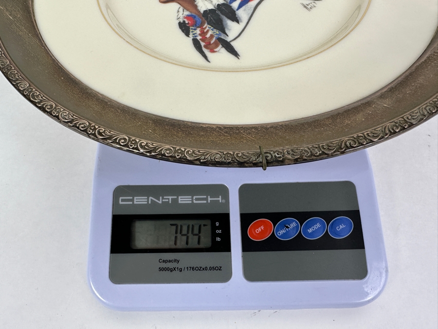Fisher Sterling Silver Rimmed California Indians Trophy Plate Engraved 'Skeet 1973' W/ 10.5' Native American Harry Held Lenox Plate - Plate Weighs Apx 510g (Total Weight 744g) - Apx Sterling Silver Weight Is 193g - Apx Silver Melt Value = $230 [Photo 8]