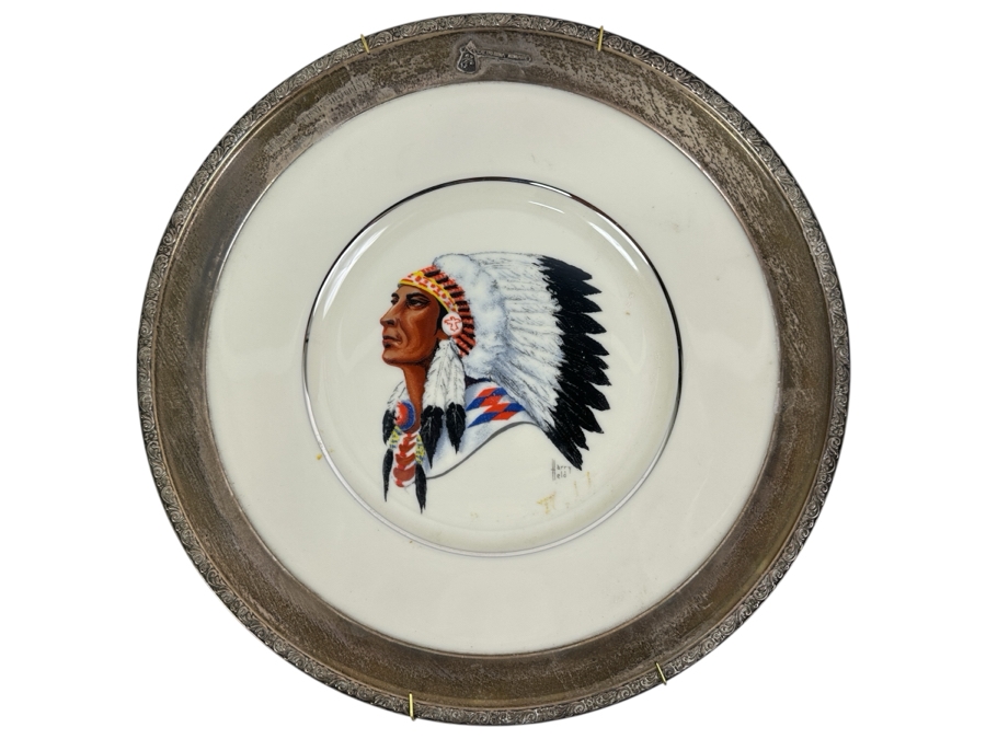 Fisher Sterling Silver Rimmed California Indians Trophy Plate Engraved 'Ladies Trapshooting' W/ 10.5' Native American Harry Held Lenox Plate - Plate Weighs Apx 510g (Total Weight 774g) - Apx Sterling Silver Weight Is 264g - Apx Silver Melt Value = $259 [Photo 1]