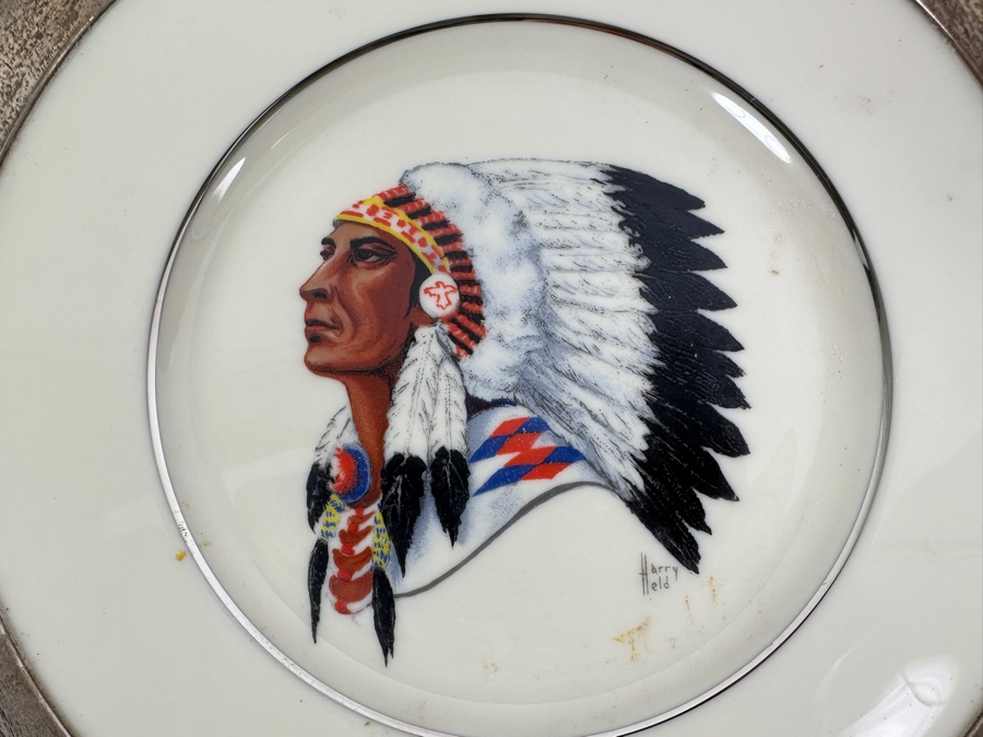 Fisher Sterling Silver Rimmed California Indians Trophy Plate Engraved 'Ladies Trapshooting' W/ 10.5' Native American Harry Held Lenox Plate - Plate Weighs Apx 510g (Total Weight 774g) - Apx Sterling Silver Weight Is 264g - Apx Silver Melt Value = $259 [Photo 5]