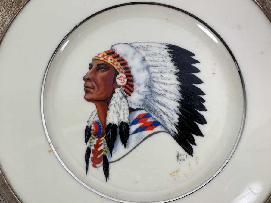 Fisher Sterling Silver Rimmed California Indians Trophy Plate Engraved 'Ladies Trapshooting' W/ 10.5' Native American Harry Held Lenox Plate - Plate Weighs Apx 510g (Total Weight 774g) - Apx Sterling Silver Weight Is 264g - Apx Silver Melt Value = $259 [Photo 4]