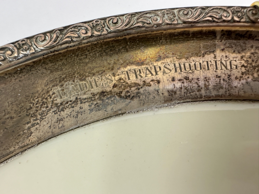 Fisher Sterling Silver Rimmed California Indians Trophy Plate Engraved 'Ladies Trapshooting' W/ 10.5' Native American Harry Held Lenox Plate - Plate Weighs Apx 510g (Total Weight 774g) - Apx Sterling Silver Weight Is 264g - Apx Silver Melt Value = $259 [Photo 3]